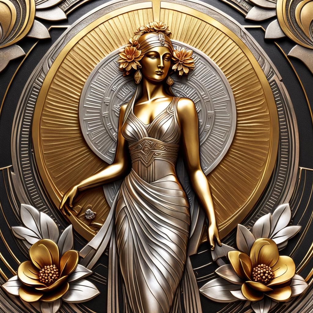 Art Deco Goddess Statue with Metallic Flower Design