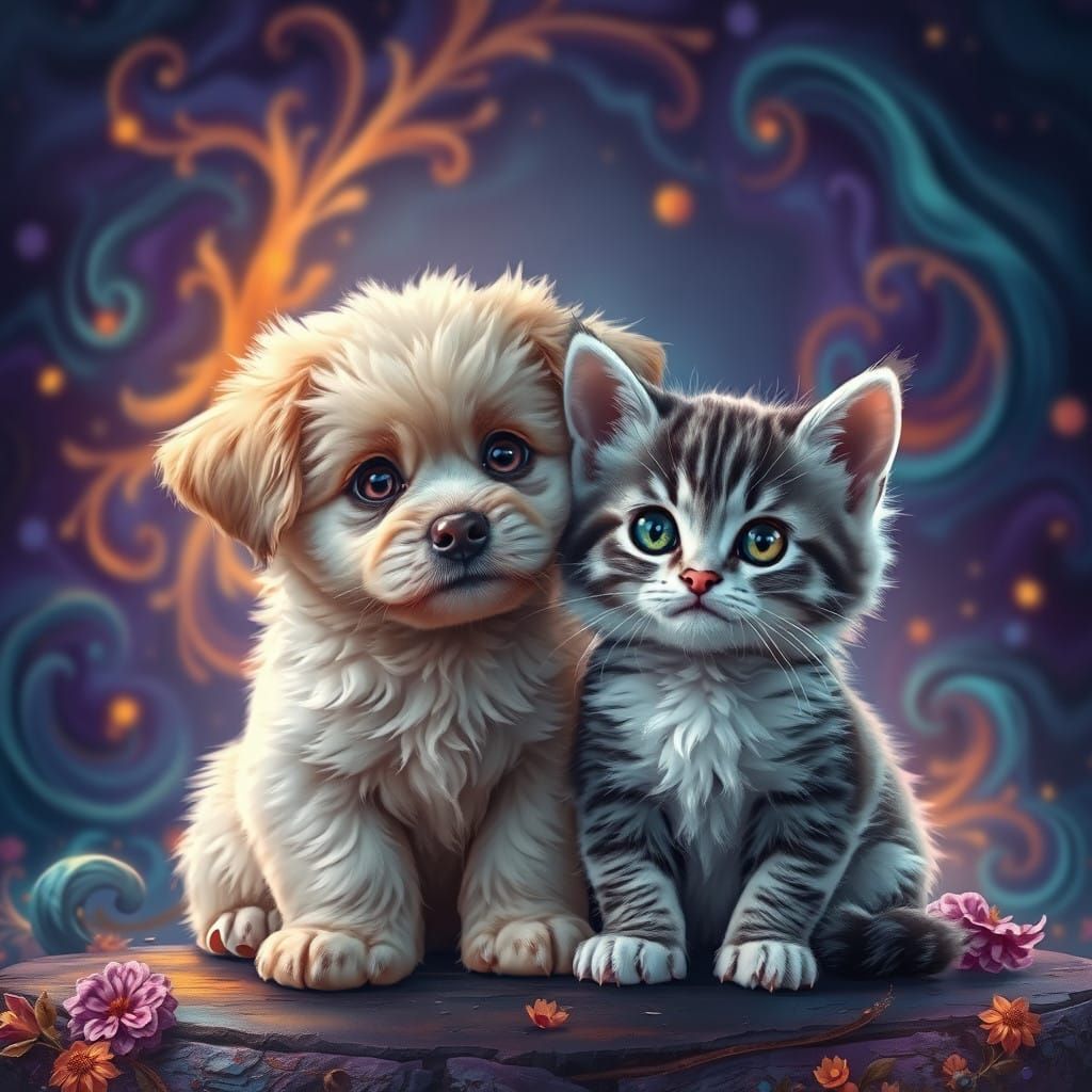 Whimsical Puppy and Kitten Amidst Vibrant Fantasy