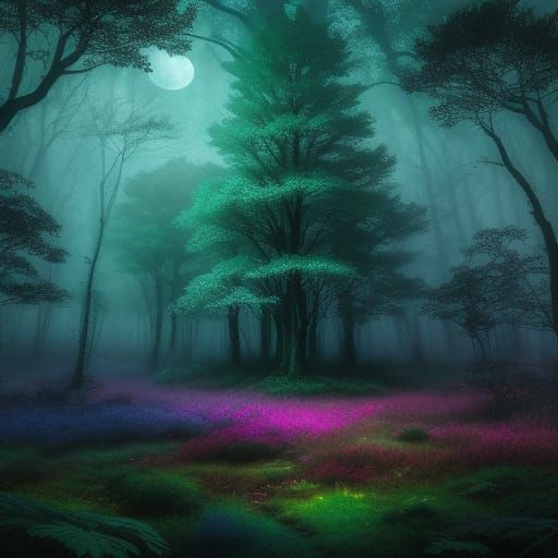 Magical Forest with Large Moons in Watercolor Style