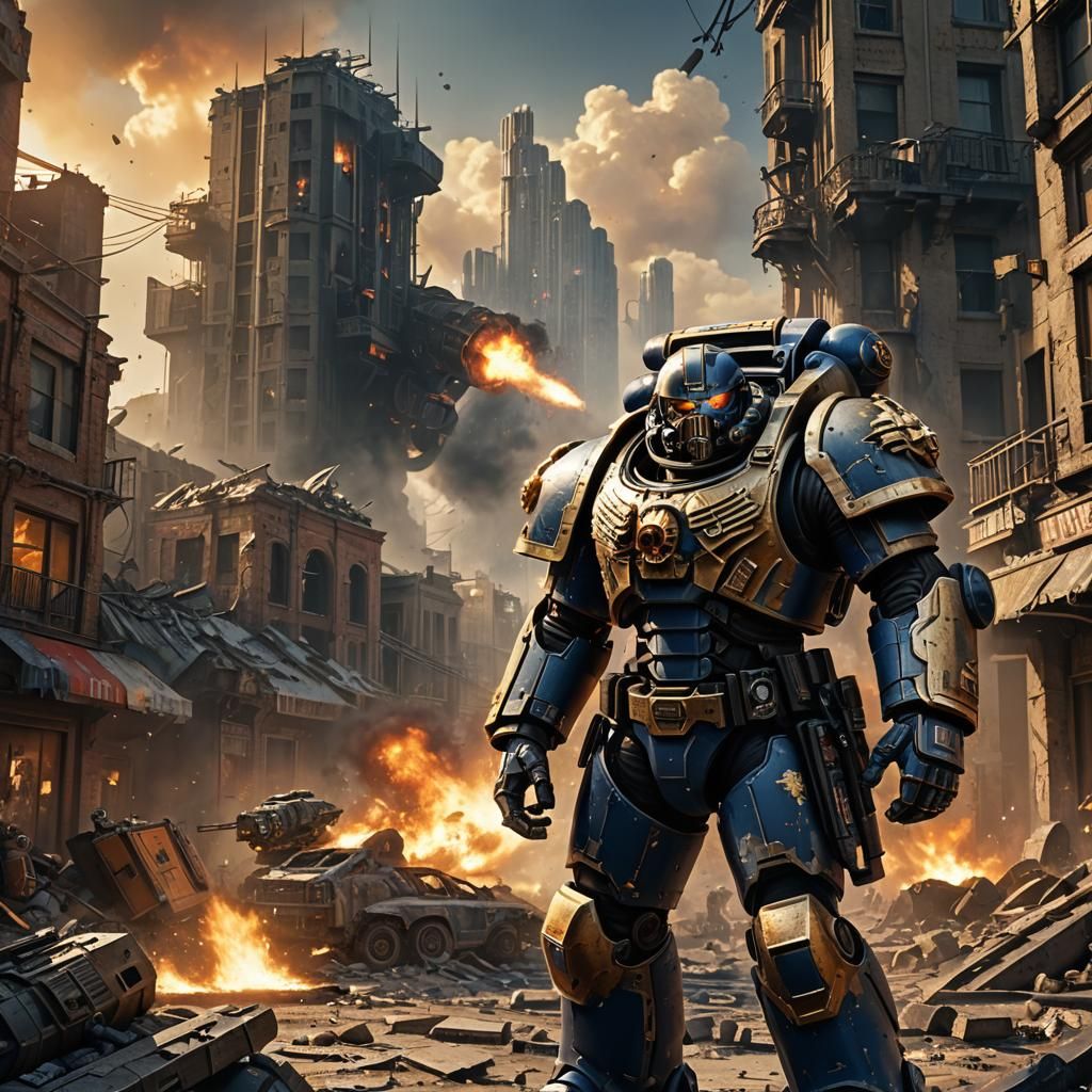 Warhammer 40k Space Marine Amidst Urban Warfare