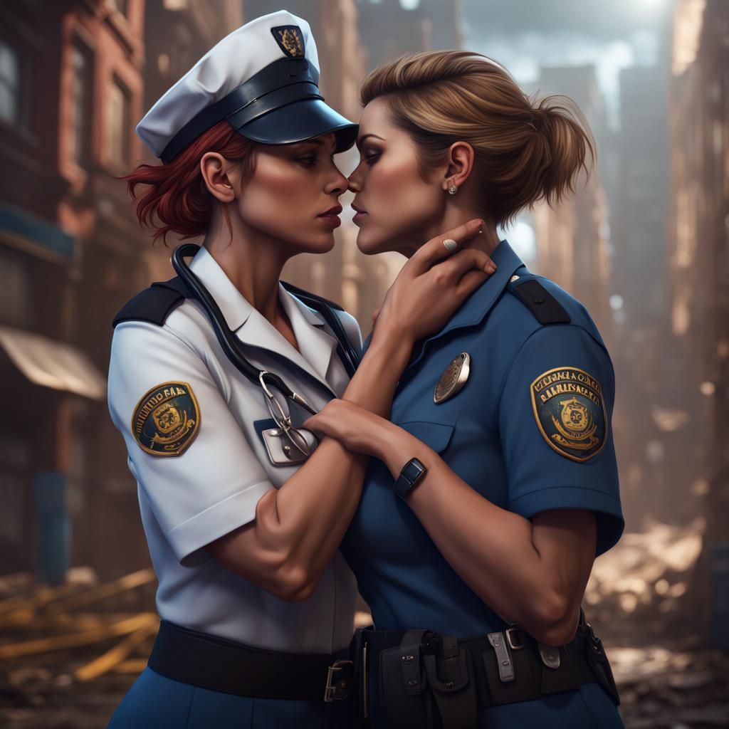 Passionate Embrace: Nurse and Officer in Detailed Painting