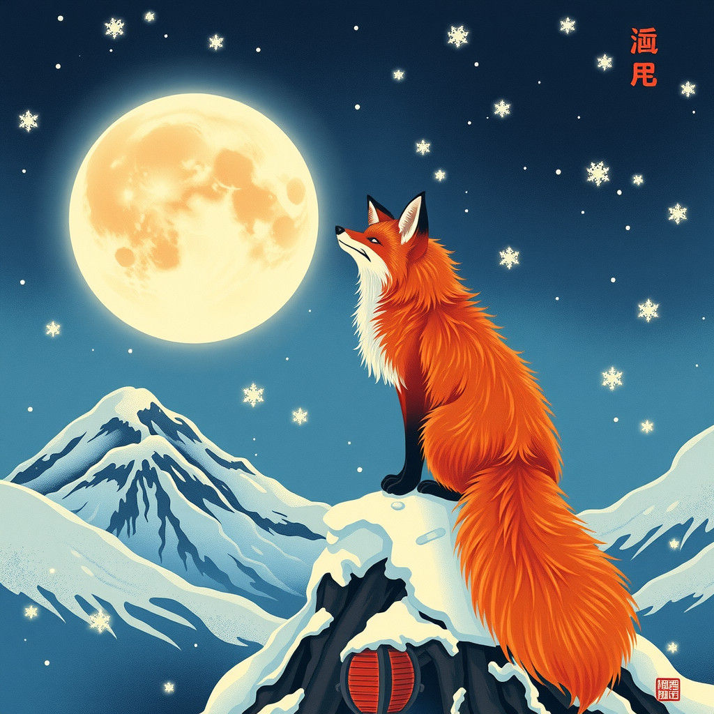 Nine-Tailed Fox Gazing at Moon: Ukiyo-e Style