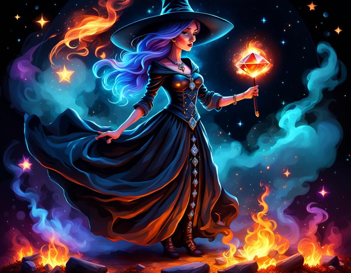a beautiful witch holding a magic wand with a huge diamond at the end, next to a magic pot on a campfire, all standing i...