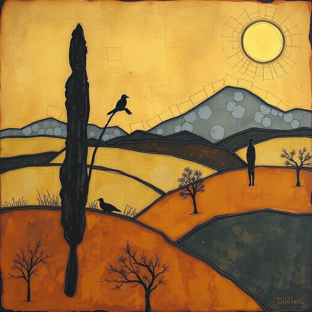 Impasto Sunset Landscape in Cubist Style