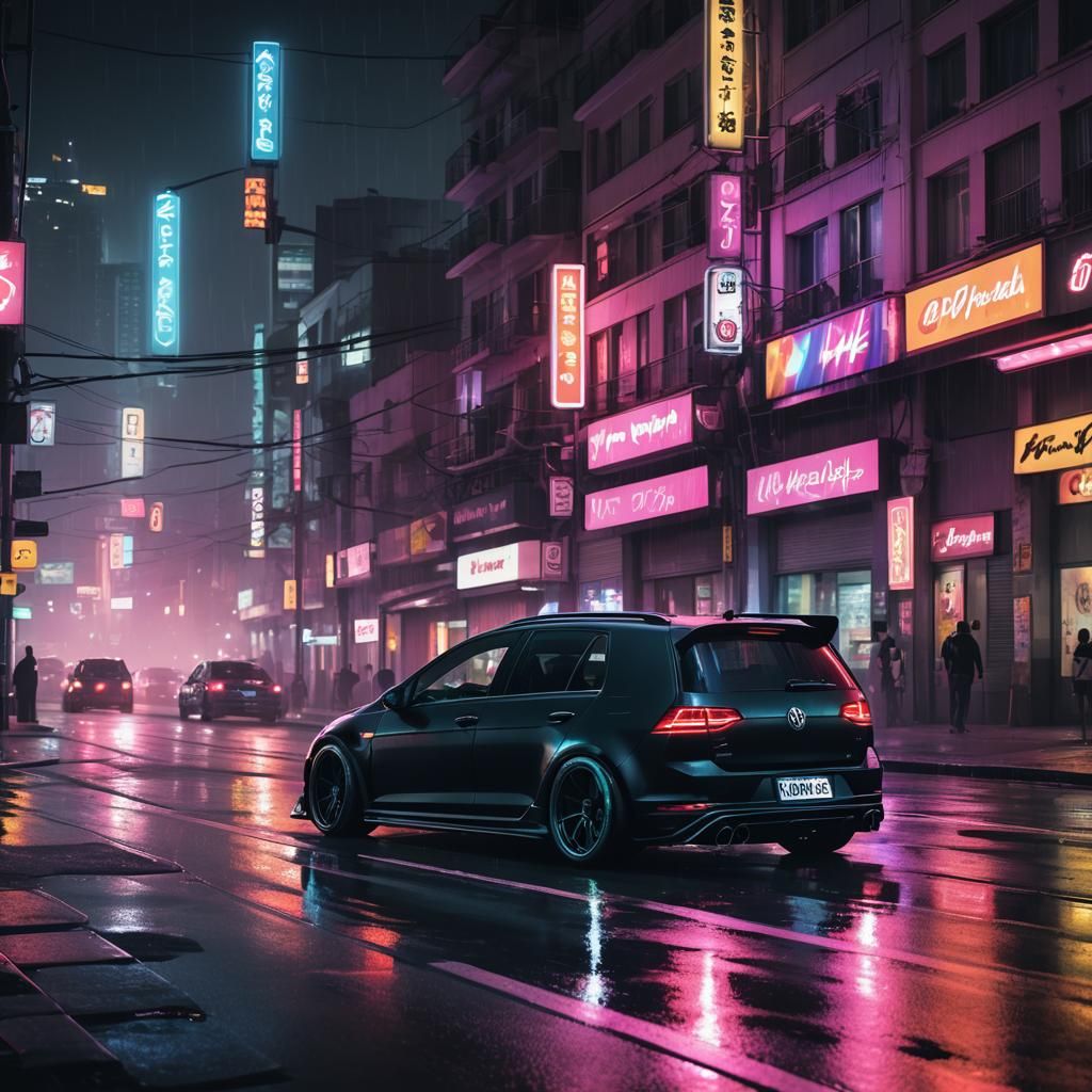 Cyberpunk VW Golf Races Through Neon Cityscape