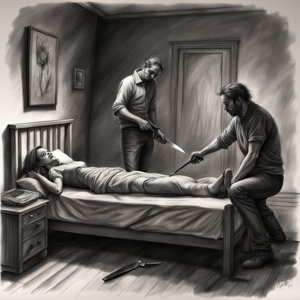 Hyperdetailed Charcoal Drawing of a Crime Scene