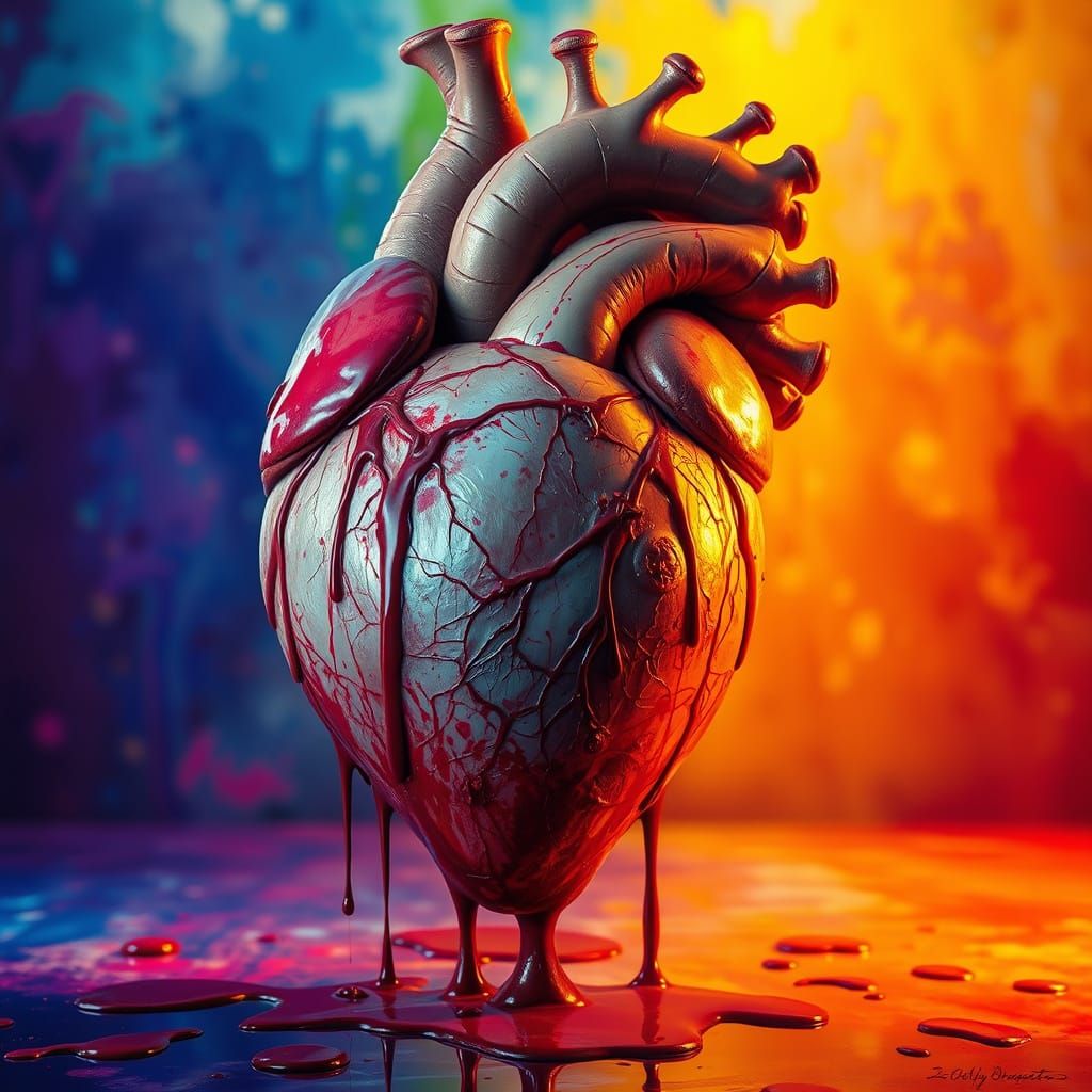 Vibrant, Hyperrealistic Heart Bleeds Colorful Tears