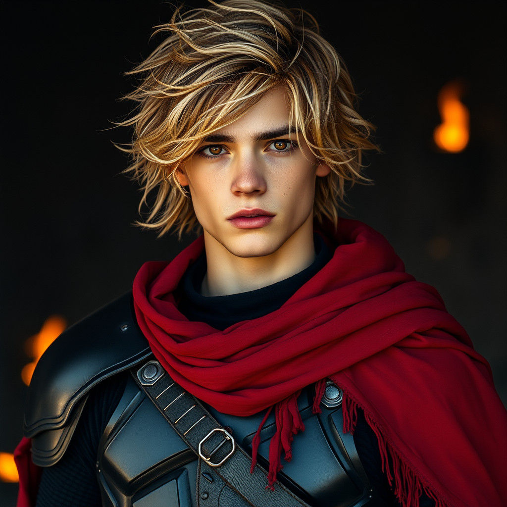 Futuristic Armored Youth in Fiery Landscape