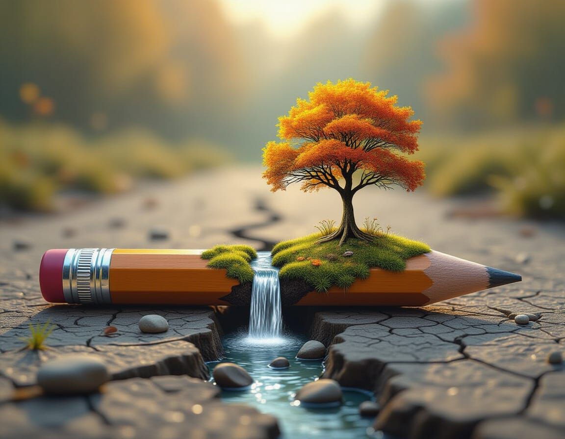 Pencil Becomes Autumn Tree With Waterfall On Barren Ground