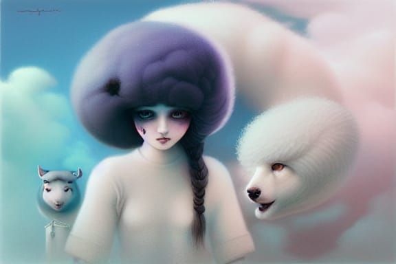 Pastel Furry Sheepdog in Surrealist Style