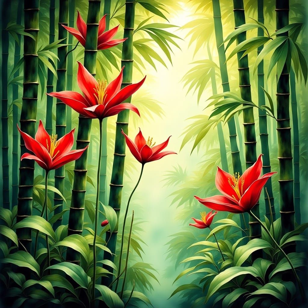 Japanese Bamboo Forest with Spider Lilies in Ukiyo-e Style