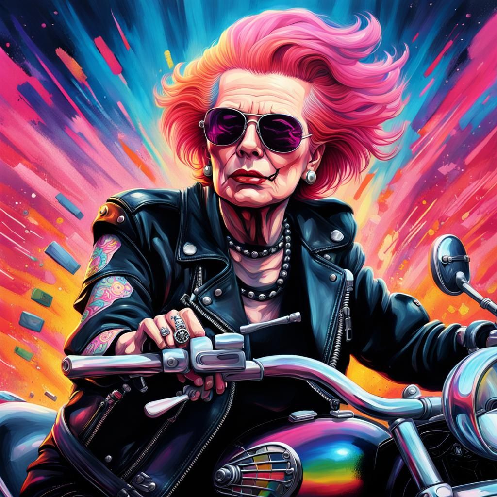 Punk Margaret Thatcher on Motorcycle: Hyper-Realistic Concep...