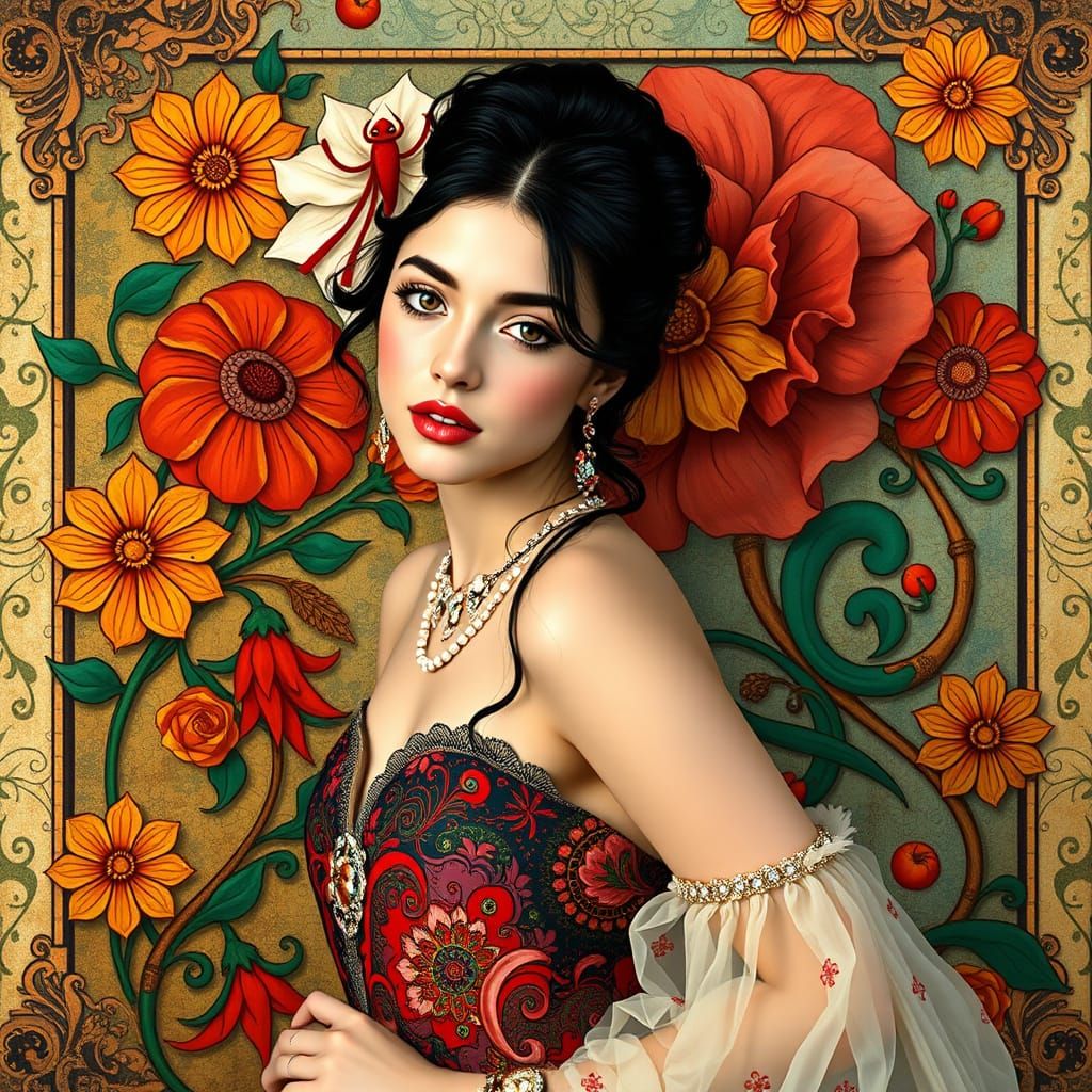 Art Nouveau Portrait of Elegant Lady in Vibrant Setting