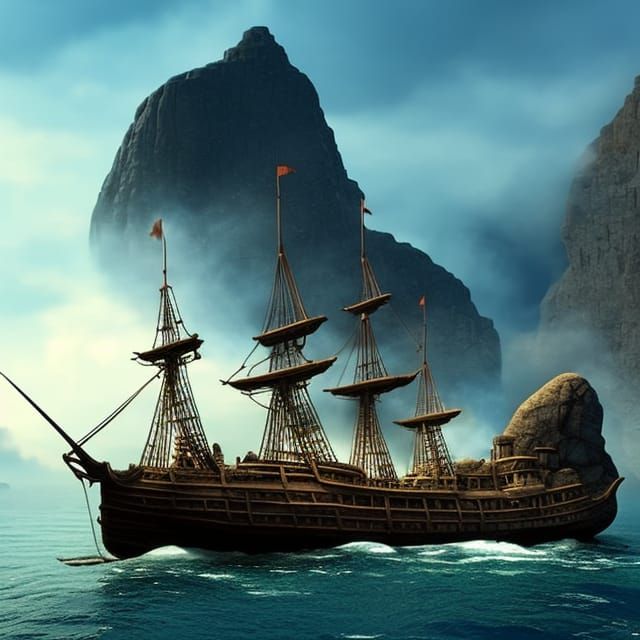 Seaman on Ship Near Rock in Lush Ocean