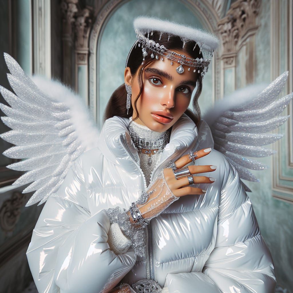 Hyperrealistic Angel in Puffy Jacket with Futuristic Jewelry