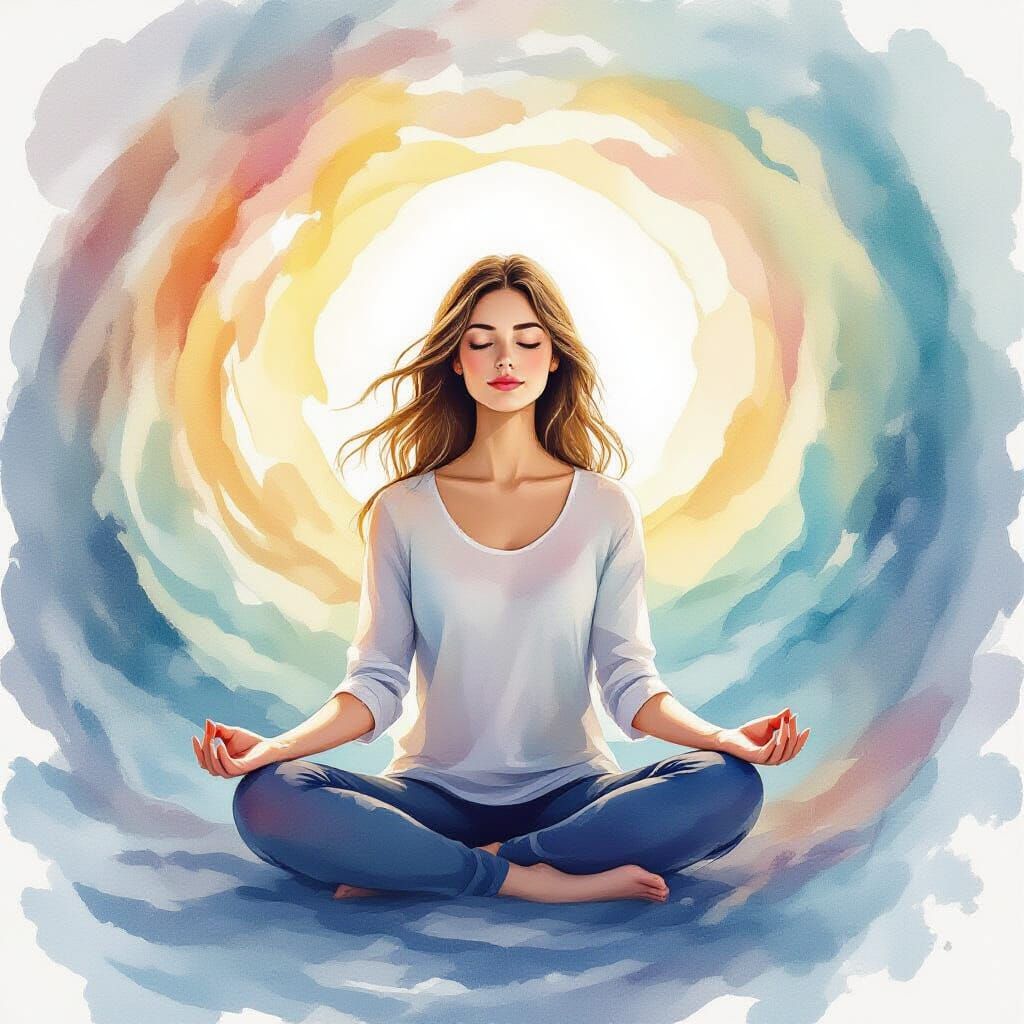 Serene Woman Meditating in Abstract Watercolor Vortex