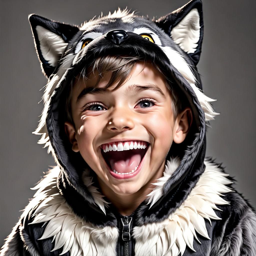 Boy in Wolf Costume Laughing Portrait