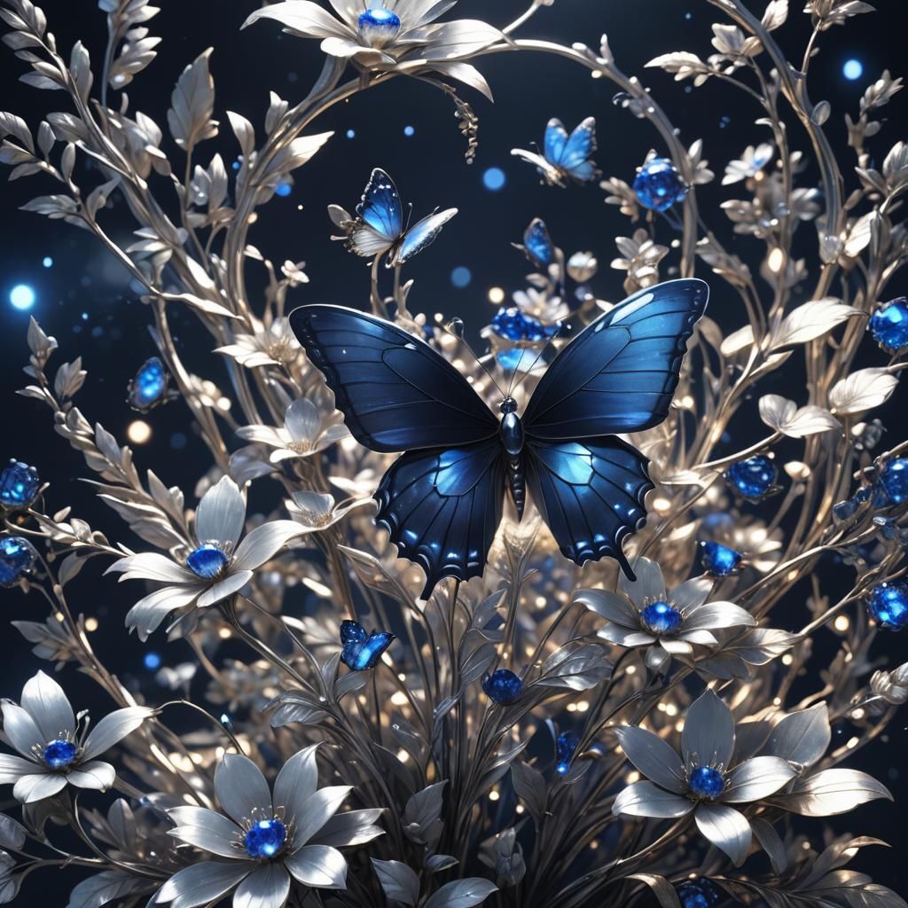 Sapphire Butterfly on Silver Flower: 3D Anime Art