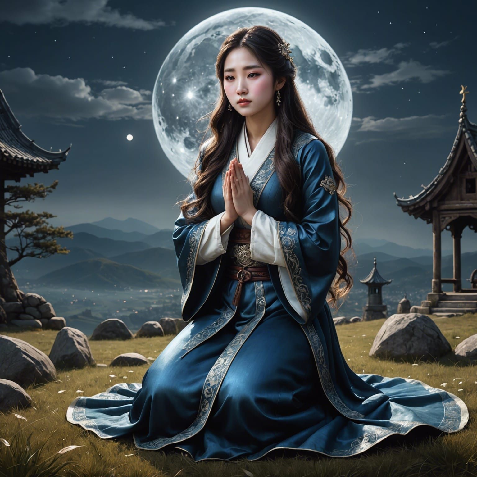 Korean Woman Praying in Medieval Clothes, Fantasy Art
