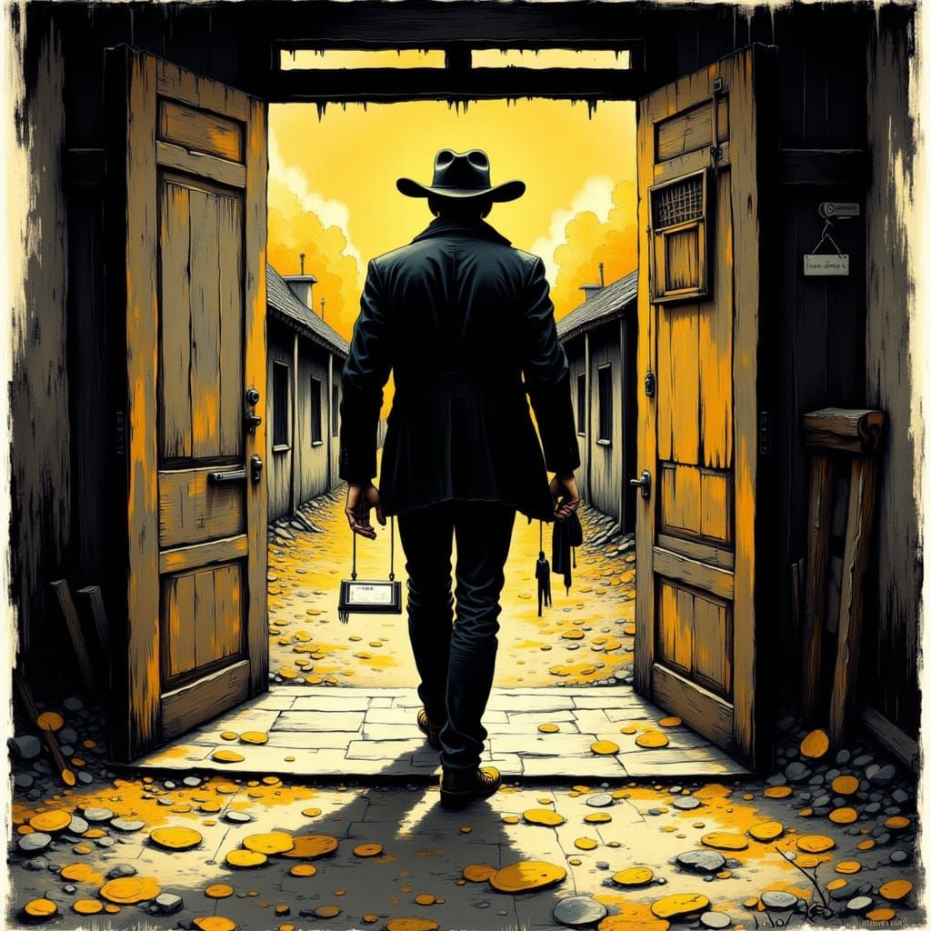 Old West Sheriff Hands Over Key in Ink and Ash Style