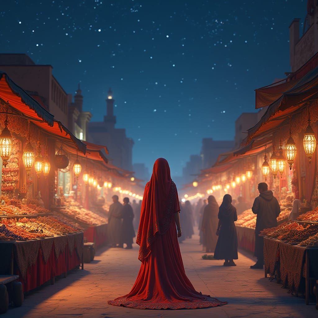 Woman Amidst Vibrant Night Market