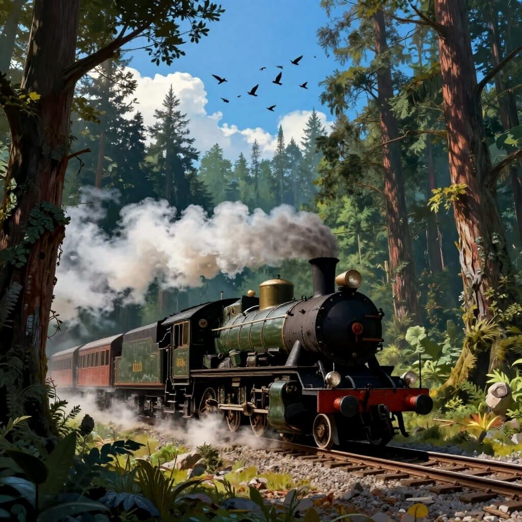 Majestic Steam Train in Ancient Forest Fantasy Concept Art