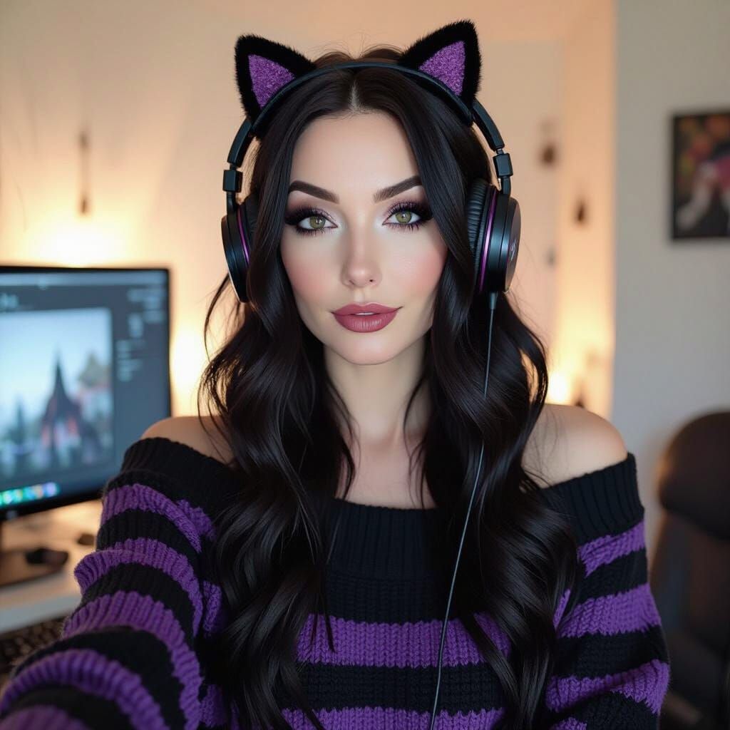 Gothic Woman's Candid Selfie with Cat Ear Headphones