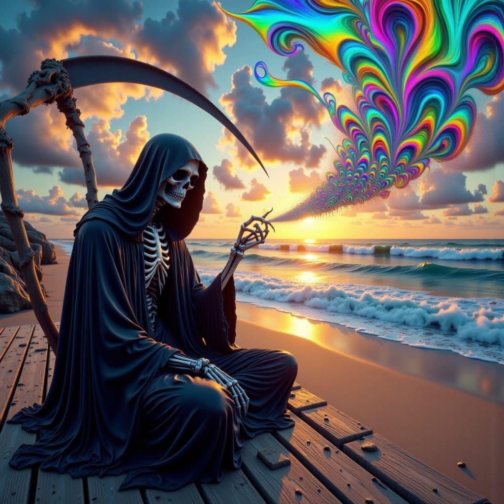 Grim Reaper's Vibrant Beachside Masterpiece in Cyberpunk Sty...