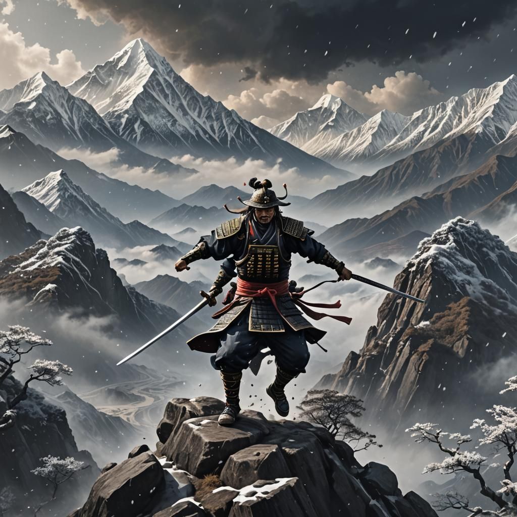 Samurai Leaps Himalayas in Gory Fantasy Illustration