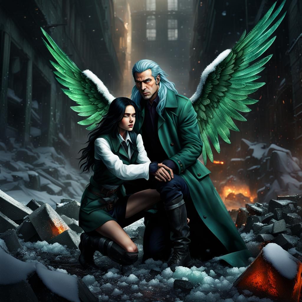 Bleeding Angel Protecting Woman in Icy Wasteland