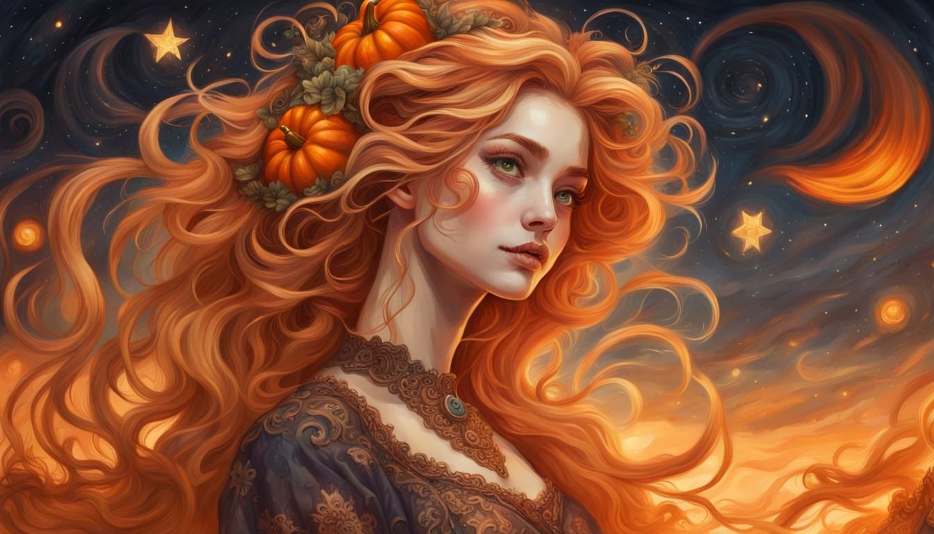 Fantasy Pumpkin Girl Portrait Under Starry Sunset