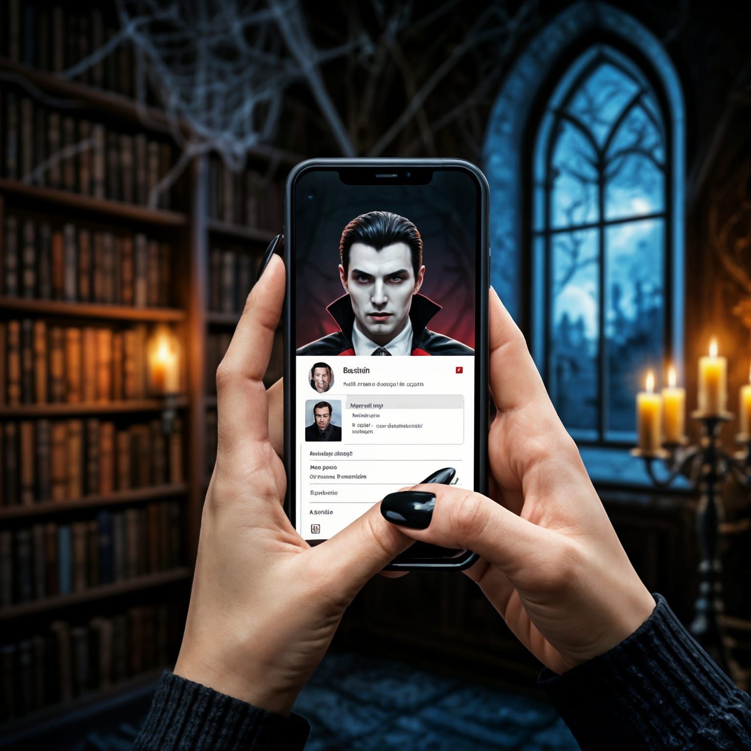 Ethereal Dracula Portrait in Midnight Library