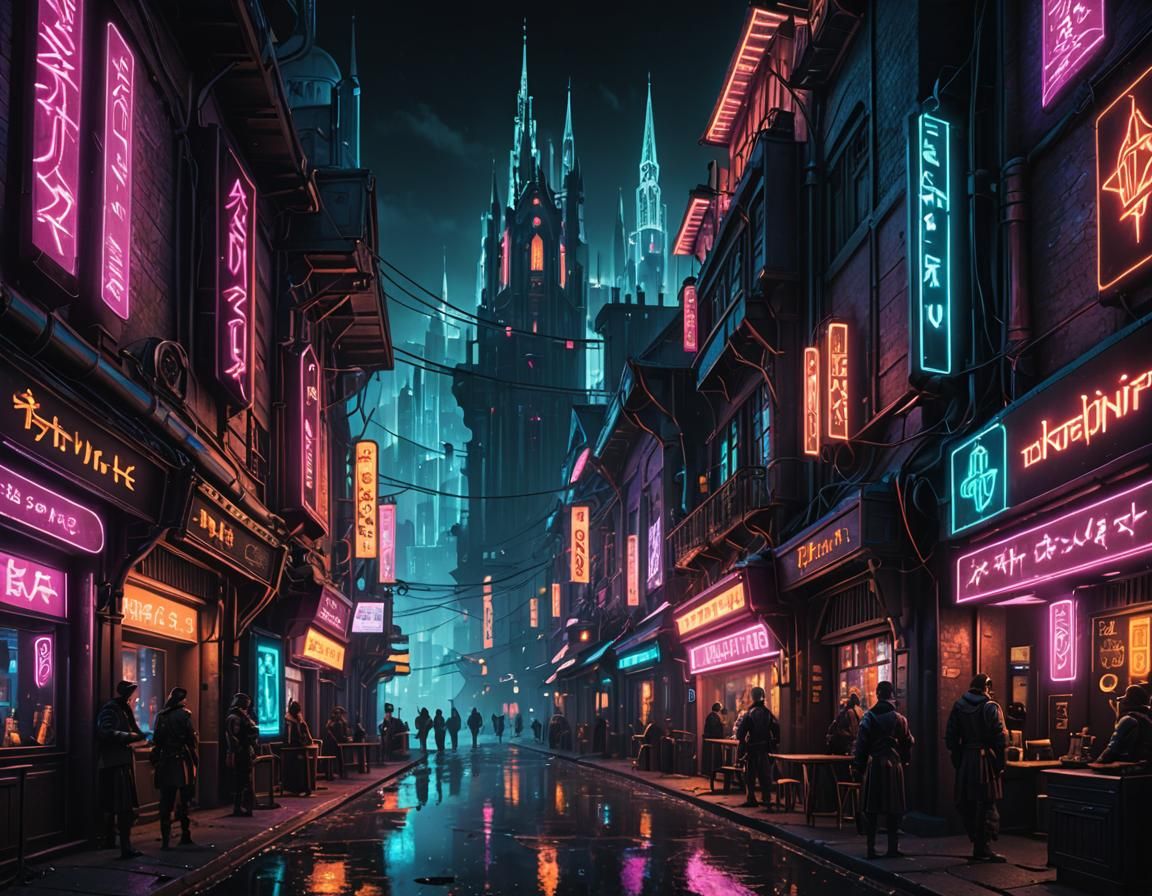 Cyberpunk Medieval City with Neon Lights