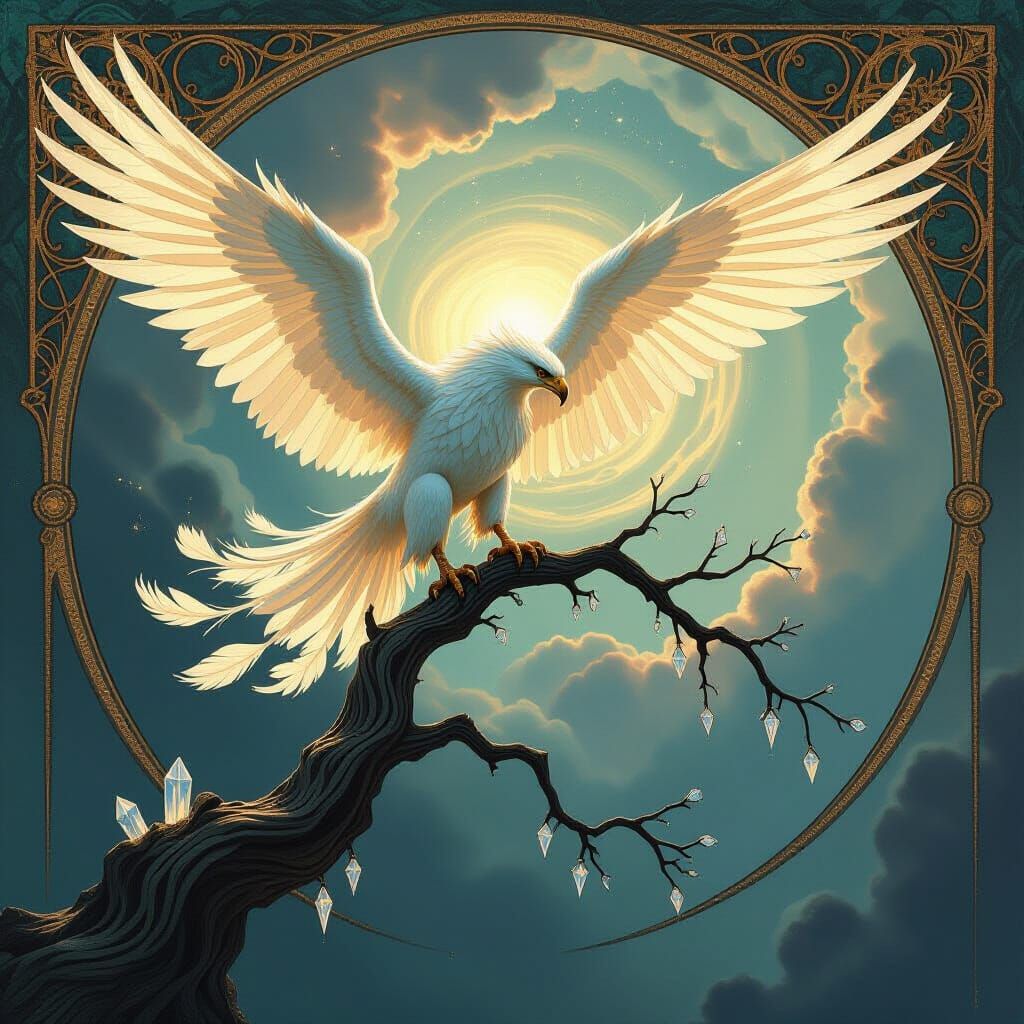 Majestic Griffin on Crystalline Branch in Nebula