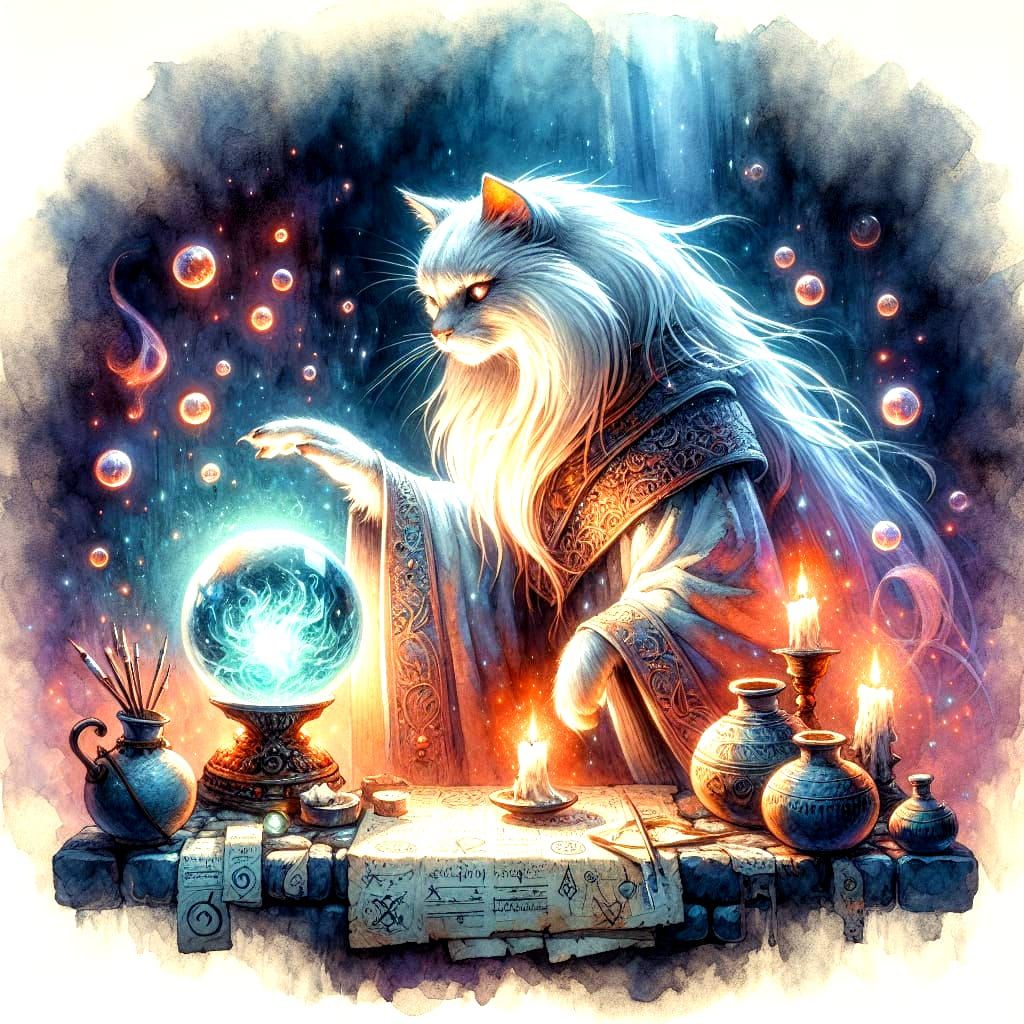Enchanted White Cat Sorcerer in Whimsical Fantasy Setting