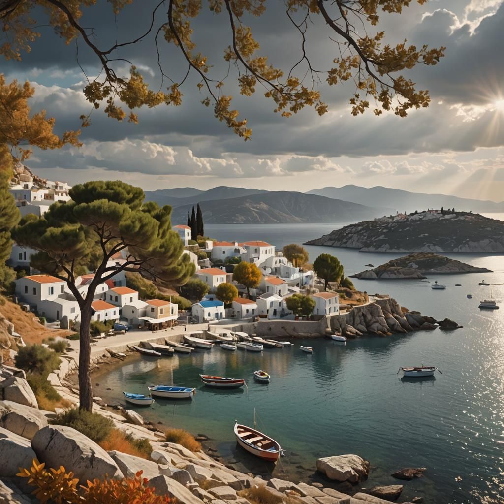 Greek Island Village in Autumn Sunlight