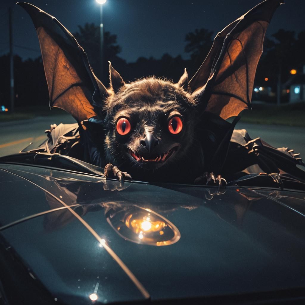 Hyperrealistic Neon-Eyed Bat Portrait on Car Windshield