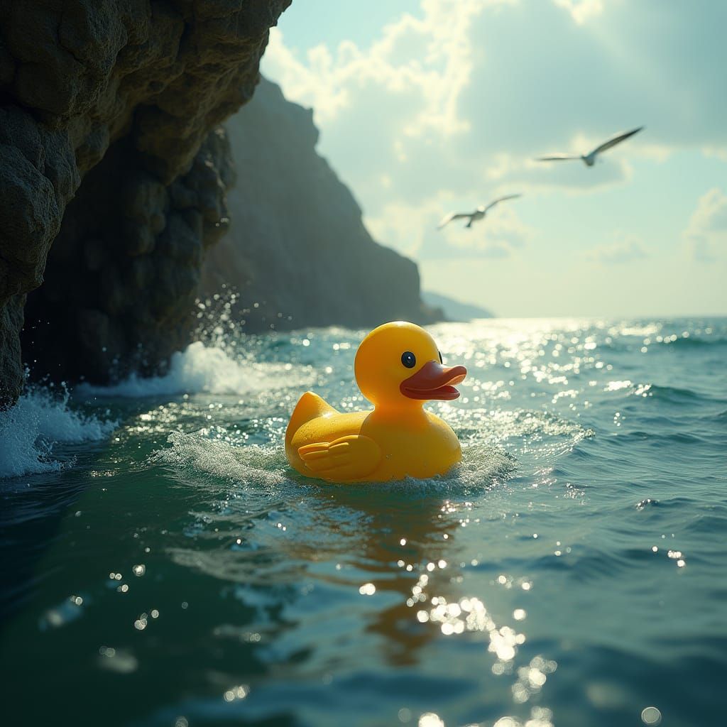 Yellow Plastic Duck Emerges from Mystical Sea Cave