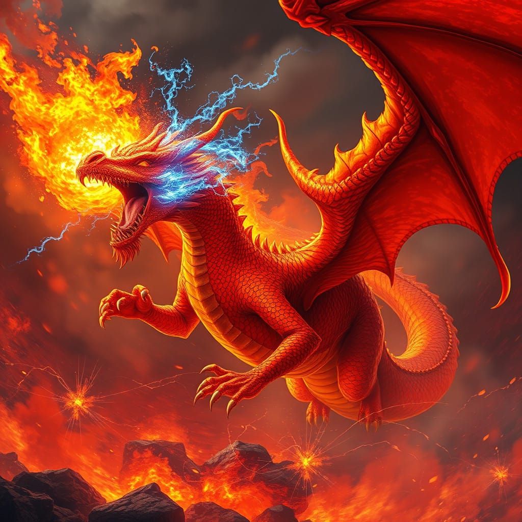 Majestic Red Orange Dragon Unleashes Fiery Blaze