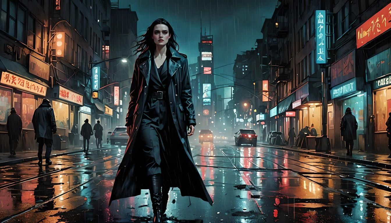 Katie Mcgrath in Dystopian Cyberpunk Cityscape