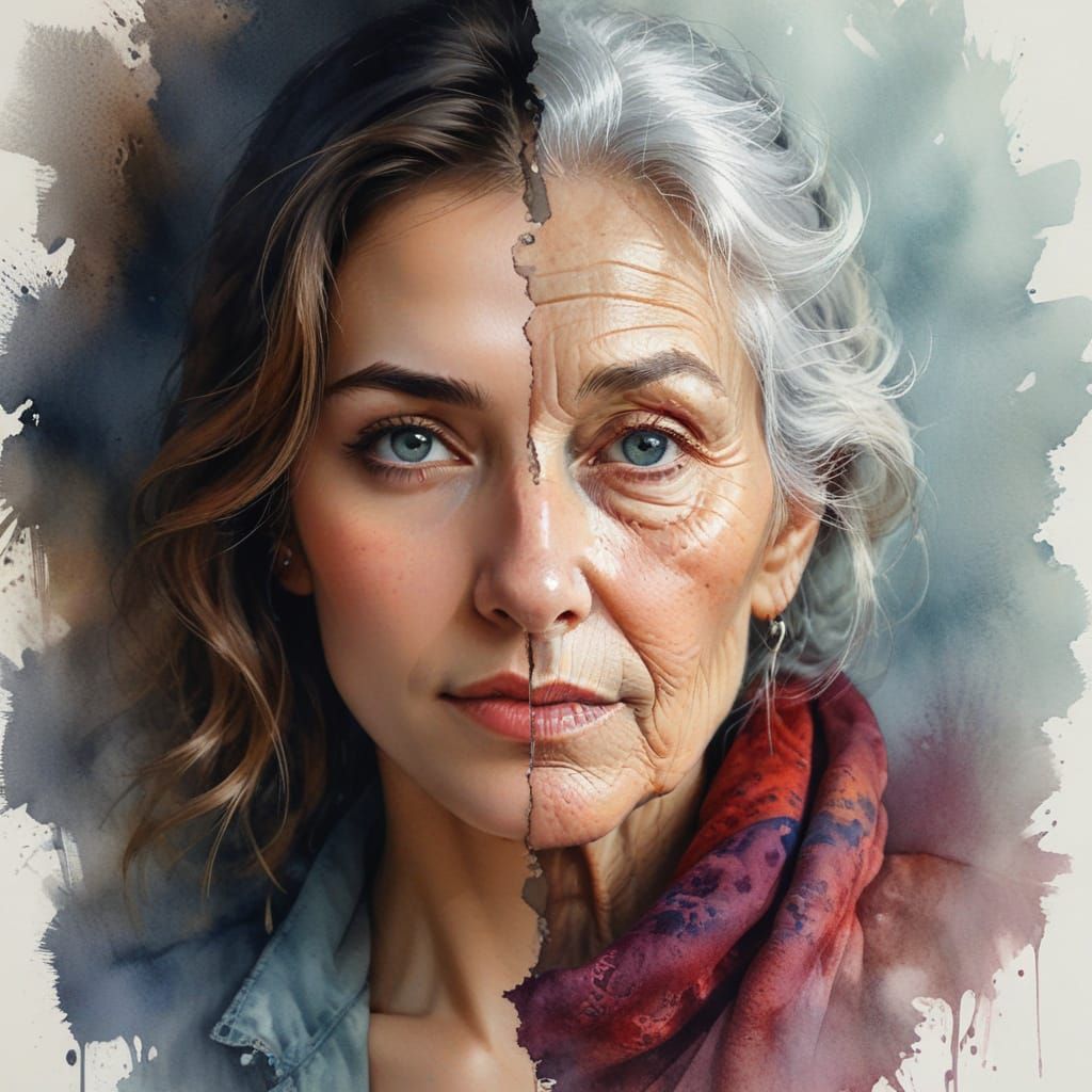 Split Portrait: Young Woman and Old Woman in Watercolor
