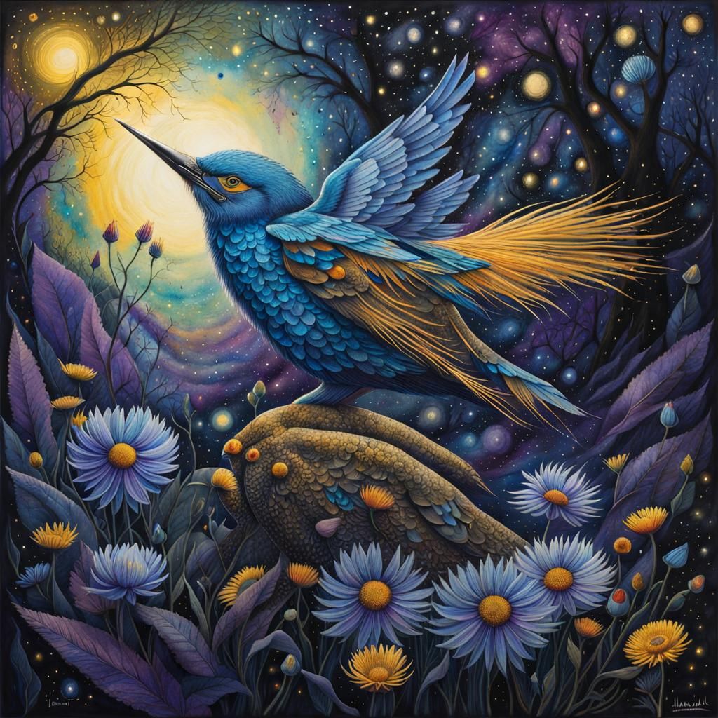 Mystical Woman in Starry Forest: Mixed Media Art