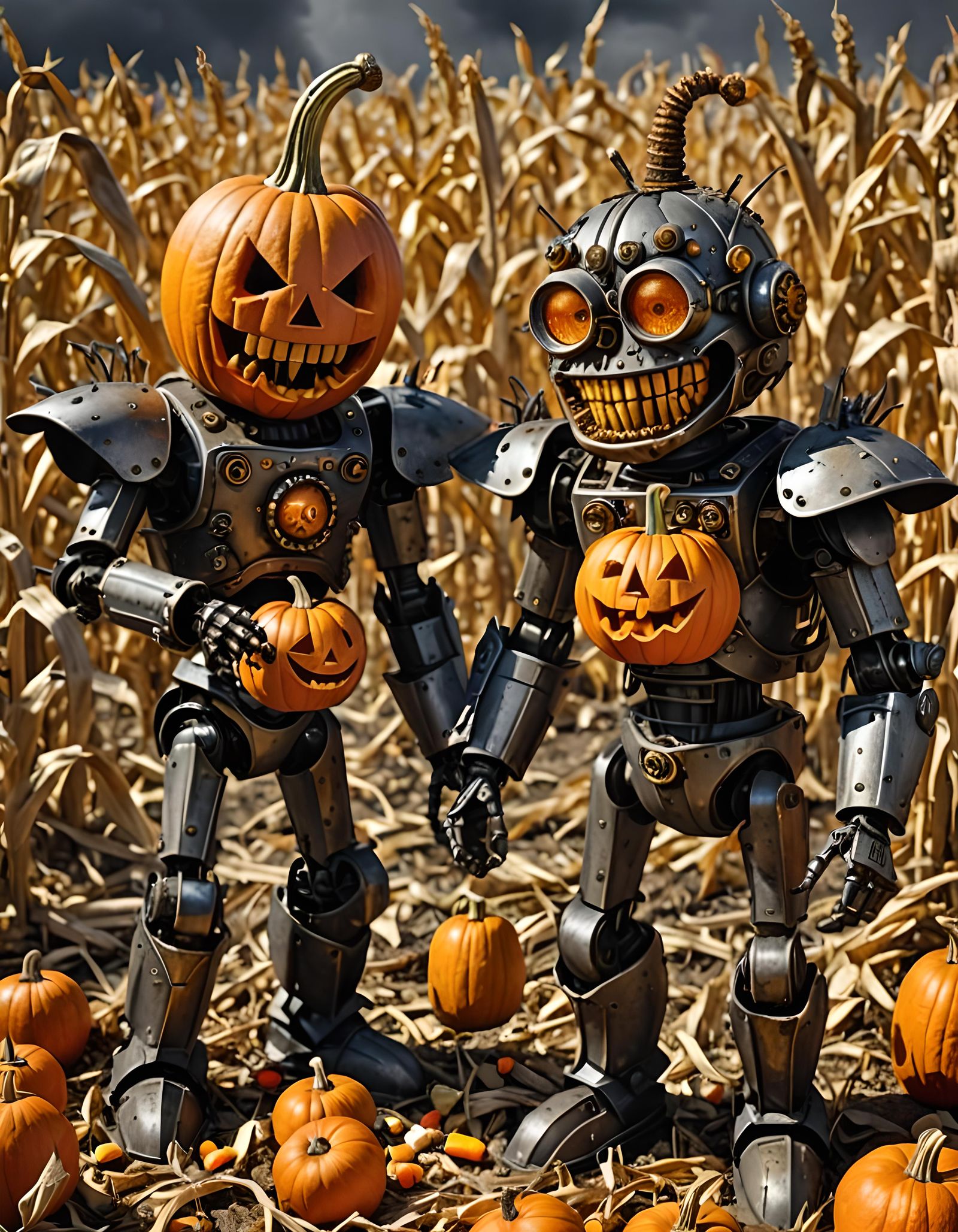Steampunk Pumpkin Scarecrows Duel in Apocalyptic Cornfield