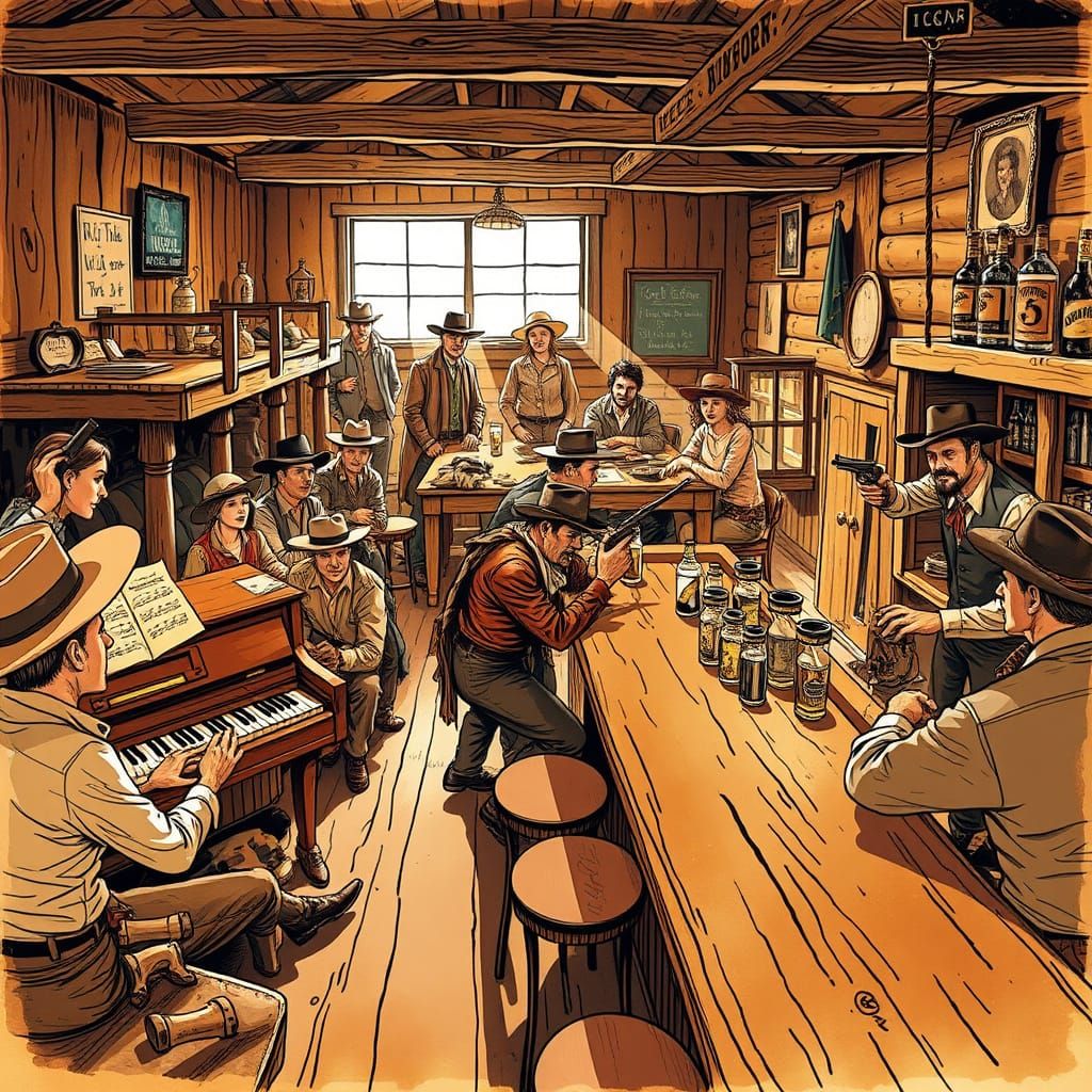 Classic Western Saloon Scene in Gritty Realism Style
