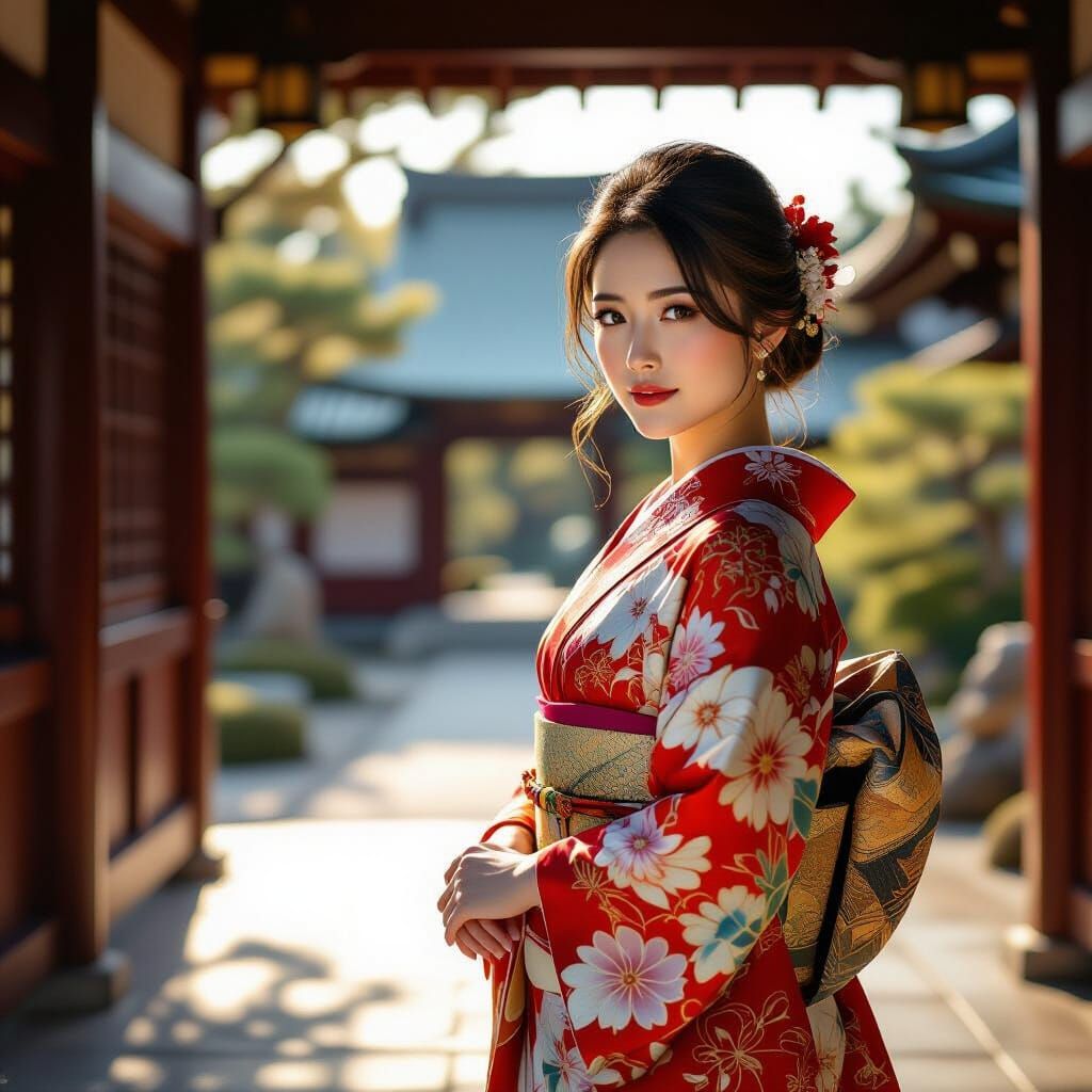 Beautiful Japanese Woman in Kimono Before Ancient Architectu...