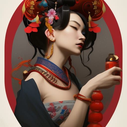 Hyperdetailed Oiran Portrait in Art Nouveau Style