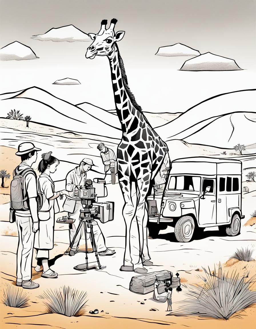 Coloring Book Desert Scene with Giraffe Rescue