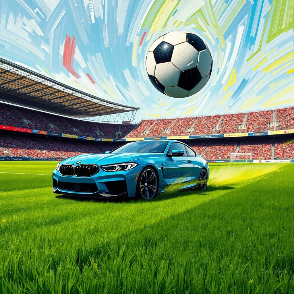 Sleek Blue BMW Speeds Towards Soccer Ball in Futuristic Stad...