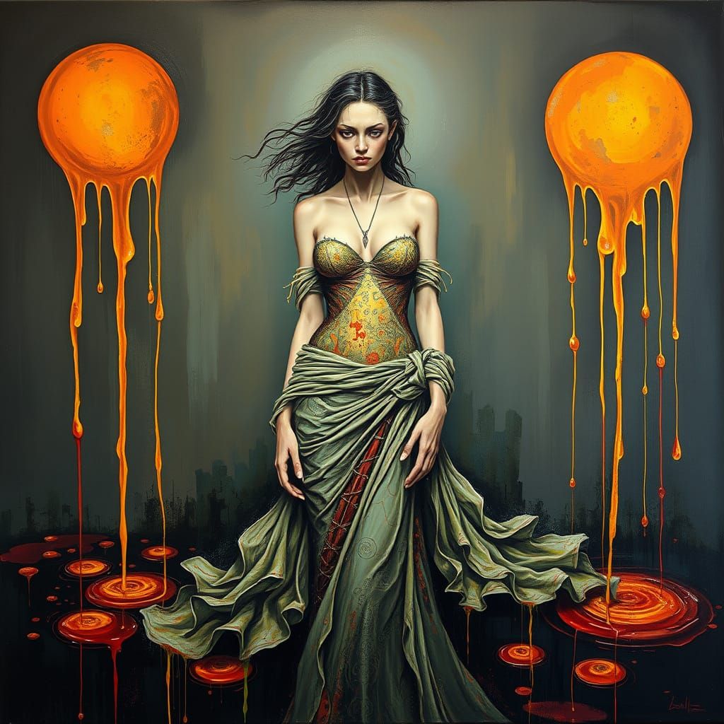 Distressed Woman in Surreal Melting Liquid Landscape