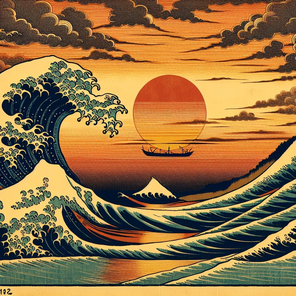 Warm Sunset on a Traditional Japanese Beach Scene